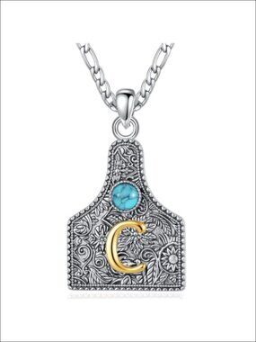 Western Cow Tag Initial Pendant Necklace 24in Chains Turquoise